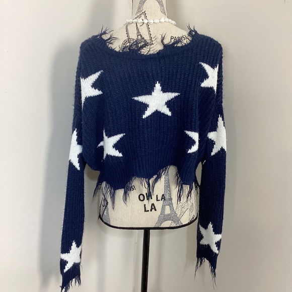 Women’s NavyBlue White Stars Cropped VNeck Distressed Fringes Knit LS Sweater - Picture 3 of 3